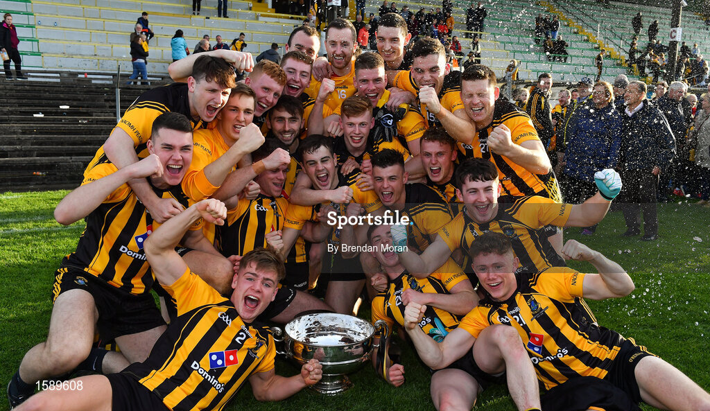 14 October 2018; The St Peter's Dunboyne team celebrate with the Keegan cup after during the Meath County Senior Club Football Championship Final match between St Peter's Dunboyne and Summerhill at Páirc Tailteann in Navan, Meath. Photo by Brendan Moran/Sportsfile