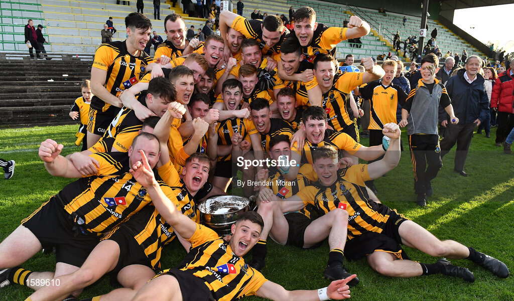 14 October 2018; The St Peter's Dunboyne team celebrate with the Keegan cup after during the Meath County Senior Club Football Championship Final match between St Peter's Dunboyne and Summerhill at Páirc Tailteann in Navan, Meath. Photo by Brendan Moran/Sportsfile