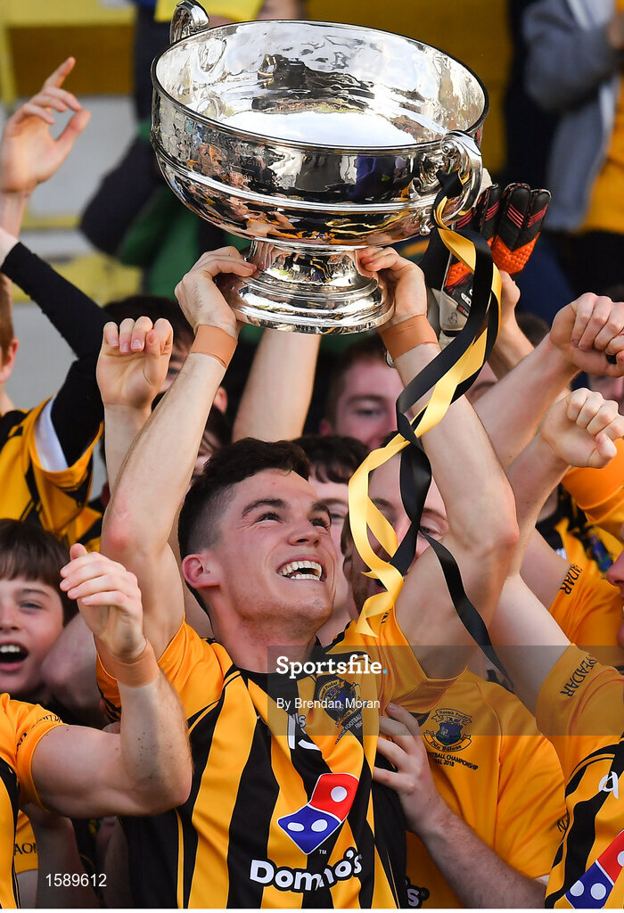 14 October 2018; Donal Lenihan of St Peter's Dunboyne celebrates with the Keegan cup after the Meath County Senior Club Football Championship Final match between St Peter's Dunboyne and Summerhill at Páirc Tailteann in Navan, Meath. Photo by Brendan Moran/Sportsfile