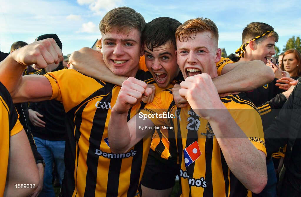 14 October 2018; St Peter's Dunboyne players, from left, Sean Ryan, Liam Byrne and Cian O'Dwyer celebrate after the Meath County Senior Club Football Championship Final match between St Peter's Dunboyne and Summerhill at Páirc Tailteann in Navan, Meath. Photo by Brendan Moran/Sportsfile