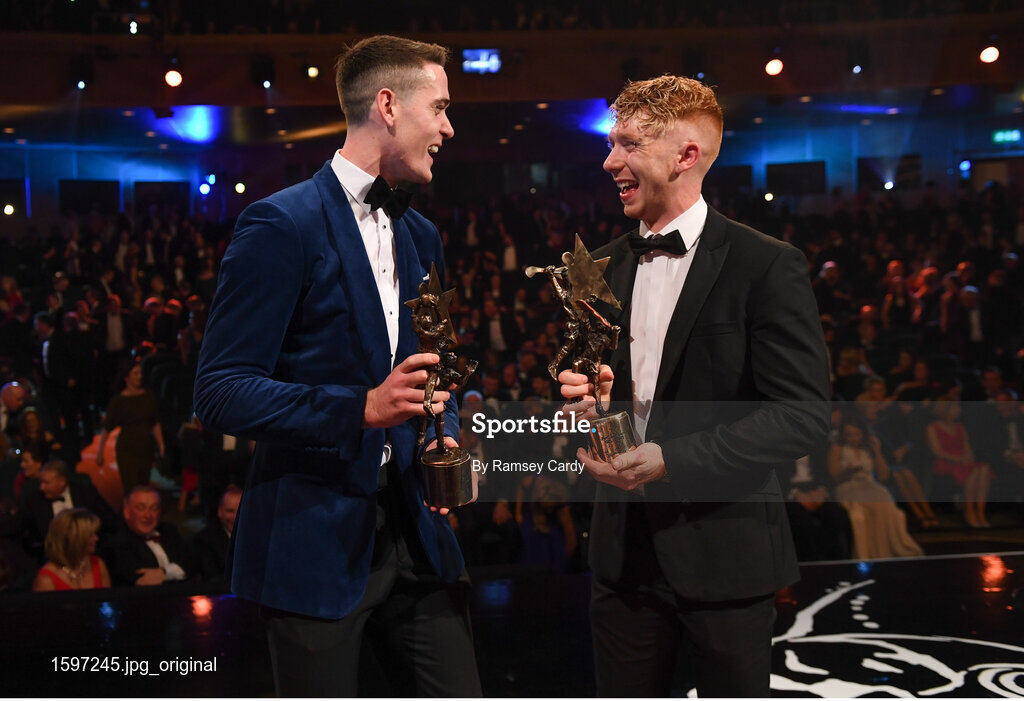 2 November 2018; PwC footballer of the year Brian Fenton of Dublin and PwC hurler of the year Cian Lynch, right, of Limerick during the PwC All Stars 2018 at the Convention Centre in Dublin. Photo by Ramsey Cardy/Sportsfile