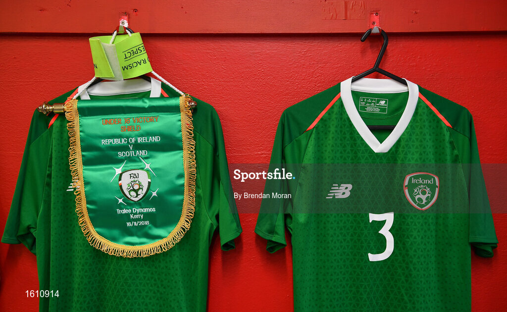 16 November 2018; The match pennant and jerseys hang in the Republic of Ireland dressing room in Tralee Dynamos facility prior to the U16 Victory Shield match between Republic of Ireland and Scotland at Mounthawk Park in Tralee, Kerry. Photo by Brendan Moran/Sportsfile