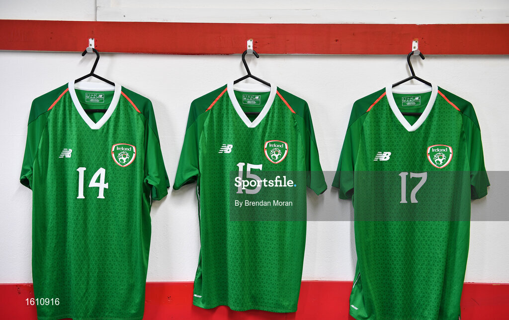 16 November 2018; Jerseys hang in the Republic of Ireland dressing room in Tralee Dynamos facility prior to the U16 Victory Shield match between Republic of Ireland and Scotland at Mounthawk Park in Tralee, Kerry. Photo by Brendan Moran/Sportsfile