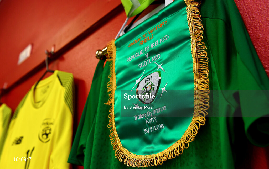 16 November 2018; The match pennant and jerseys hang in the Republic of Ireland dressing room in Tralee Dynamos facility prior to the U16 Victory Shield match between Republic of Ireland and Scotland at Mounthawk Park in Tralee, Kerry. Photo by Brendan Moran/Sportsfile