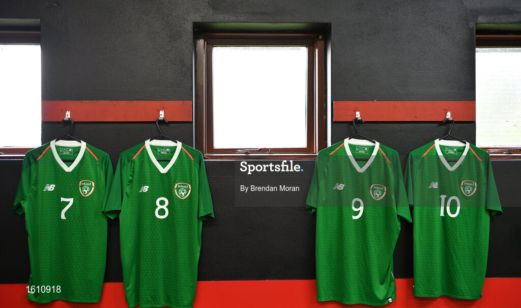 16 November 2018; Jerseys hang in the Republic of Ireland dressing room in Tralee Dynamos facility prior to the U16 Victory Shield match between Republic of Ireland and Scotland at Mounthawk Park in Tralee, Kerry. Photo by Brendan Moran/Sportsfile