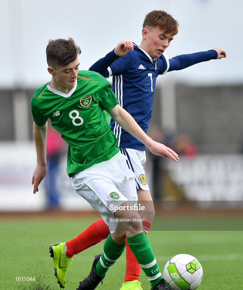 16 November 2018; Ben McCormack of Republic of Ireland in action against Liam Smith of Scotland during the U16 Victory Shield match between Republic of Ireland and Scotland at Mounthawk Park in Tralee, Kerry. Photo by Brendan Moran/Sportsfile