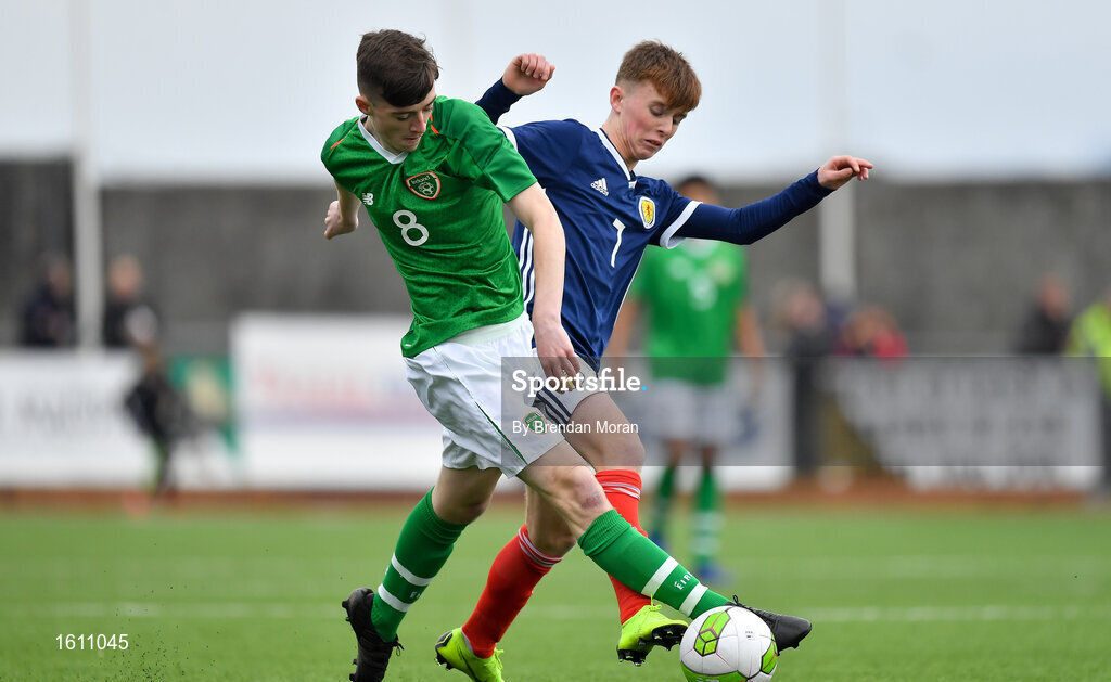 16 November 2018; Ben McCormack of Republic of Ireland in action against Liam Smith of Scotland during the U16 Victory Shield match between Republic of Ireland and Scotland at Mounthawk Park in Tralee, Kerry. Photo by Brendan Moran/Sportsfile