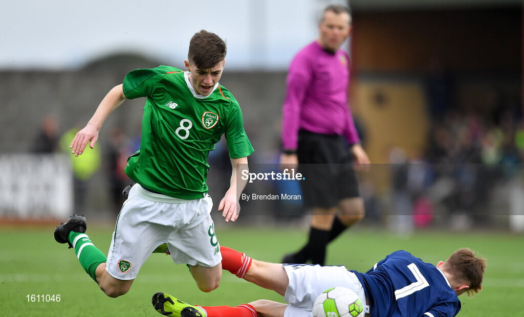 16 November 2018; Ben McCormack of Republic of Ireland is tackled by Liam Smith of Scotland during the U16 Victory Shield match between Republic of Ireland and Scotland at Mounthawk Park in Tralee, Kerry. Photo by Brendan Moran/Sportsfile