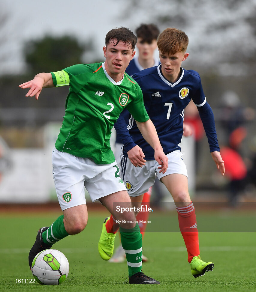 16 November 2018; Gavin O'Brien of Republic of Ireland in action against Liam Smith of Scotland during the U16 Victory Shield match between Republic of Ireland and Scotland at Mounthawk Park in Tralee, Kerry. Photo by Brendan Moran/Sportsfile