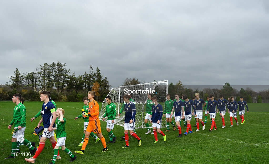 16 November 2018; The Republic of Ireland and Scotand teams make their way across the Tralee Dynamos pitch prior to the U16 Victory Shield match between Republic of Ireland and Scotland at Mounthawk Park in Tralee, Kerry. Photo by Brendan Moran/Sportsfile