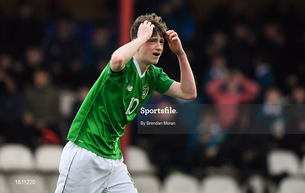 16 November 2018; Louie Barry of Republic of Ireland reacts to a missed penalty during the U16 Victory Shield match between Republic of Ireland and Scotland at Mounthawk Park in Tralee, Kerry. Photo by Brendan Moran/Sportsfile