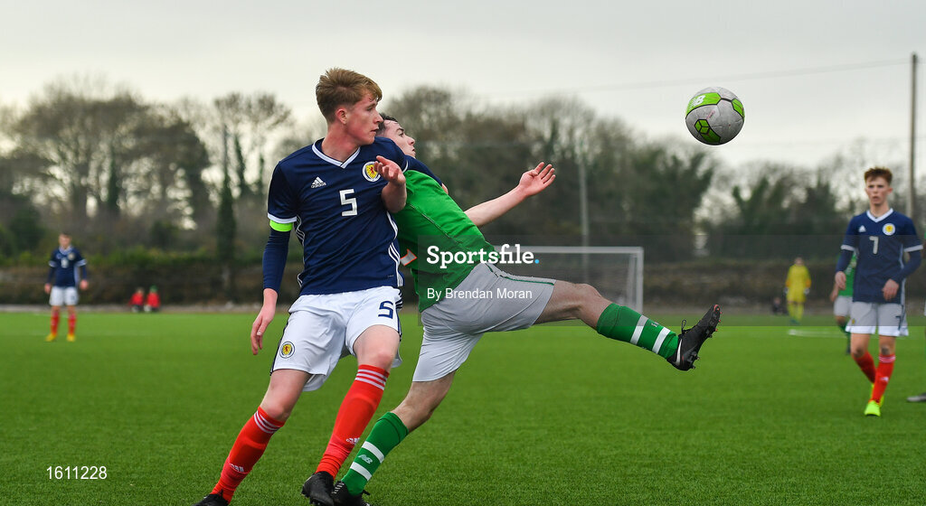 16 November 2018; Gavin O'Brien of Republic of Ireland is tackled by Liam Morrison of Scotland during the U16 Victory Shield match between Republic of Ireland and Scotland at Mounthawk Park in Tralee, Kerry. Photo by Brendan Moran/Sportsfile