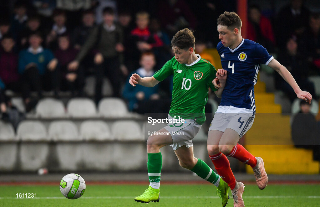 16 November 2018; Louis Barry of Republic of Ireland in action against Leon King of Scotland during the U16 Victory Shield match between Republic of Ireland and Scotland at Mounthawk Park in Tralee, Kerry. Photo by Brendan Moran/Sportsfile