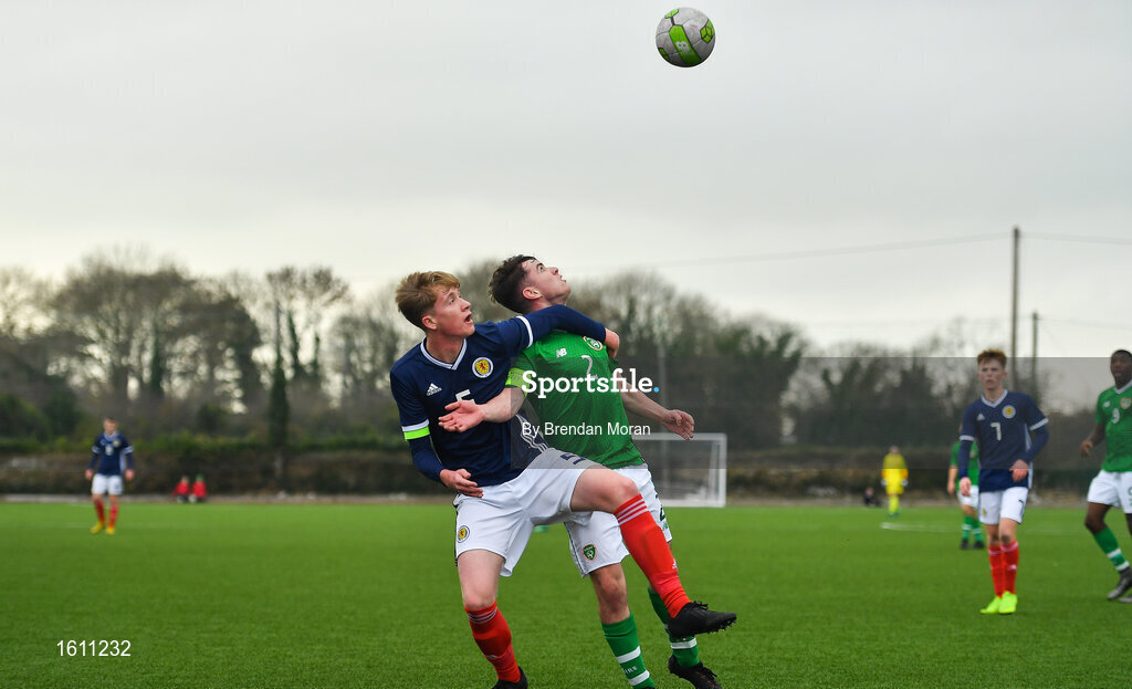 16 November 2018; Gavin O'Brien of Republic of Ireland is tackled by Liam Morrison of Scotland during the U16 Victory Shield match between Republic of Ireland and Scotland at Mounthawk Park in Tralee, Kerry. Photo by Brendan Moran/Sportsfile