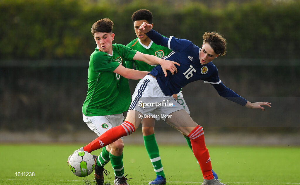 16 November 2018; Colin Conroy of Republic of Ireland in action against Kevin Hanratty of Scotland during the U16 Victory Shield match between Republic of Ireland and Scotland at Mounthawk Park in Tralee, Kerry. Photo by Brendan Moran/Sportsfile