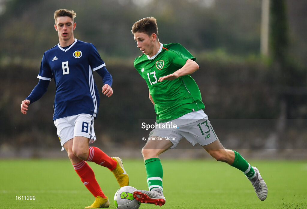 16 November 2018; Oliver O'Neill of Republic of Ireland in action against Cole McKinnon of Scotland during the U16 Victory Shield match between Republic of Ireland and Scotland at Mounthawk Park in Tralee, Kerry. Photo by Brendan Moran/Sportsfile