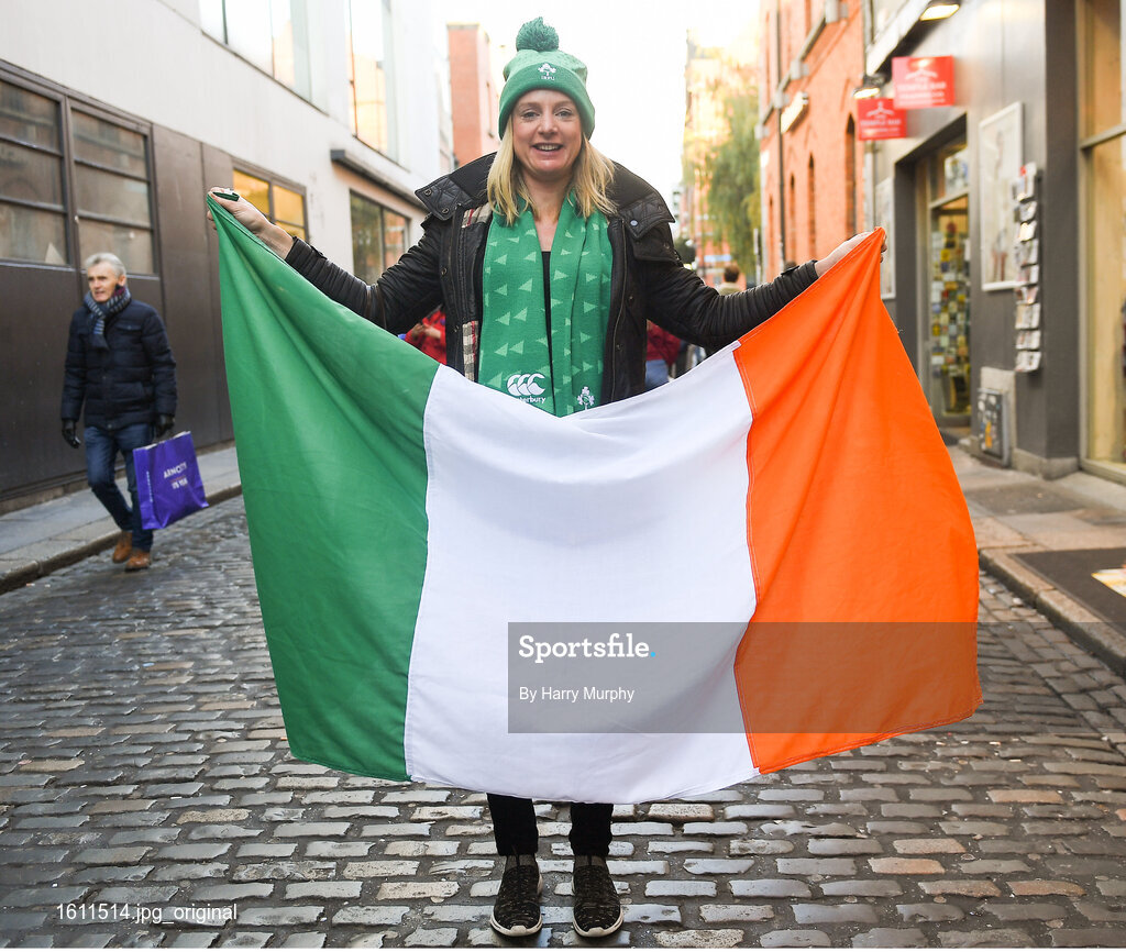 17 November 2018; Ireland supporter Diana Hogan Murphy from Oranmore, Co Galway, in Temple Bar prior to the Guinness Series International match between Ireland and New Zealand at Aviva Stadium, in Dublin. Photo by Harry Murphy/Sportsfile