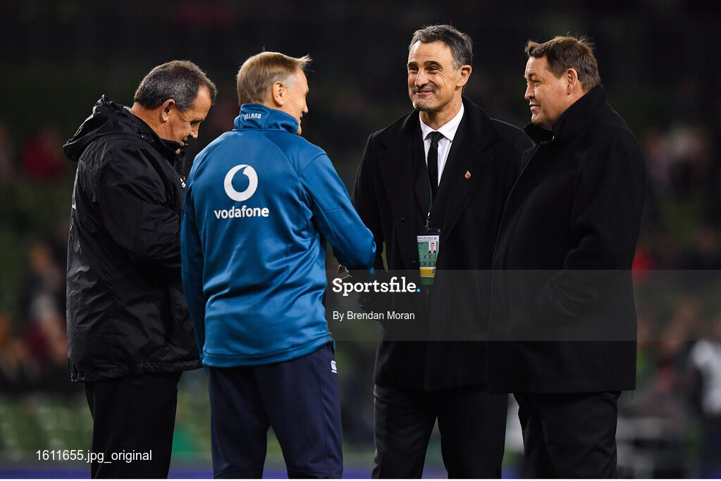 17 November 2018; Ireland head coach Joe Schmidt, second from left, with New Zealand coaches, from left, attack coach Ian Foster, defence coach Scott McLoed and head coach Steve Hansen prior to the Guinness Series International match between Ireland and New Zealand at the Aviva Stadium in Dublin. Photo by Brendan Moran/Sportsfile