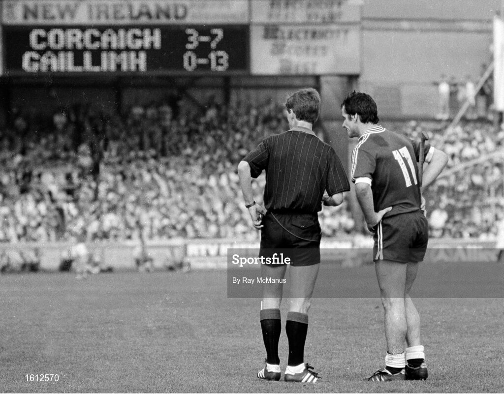 7 September 1986; Match referee, John Bailey talks to a Galway player during the All Ireland Hurling Championship Final match between Cork and Galway at Croke Park, in Dublin. Photo by Ray McManus/Sportsfile