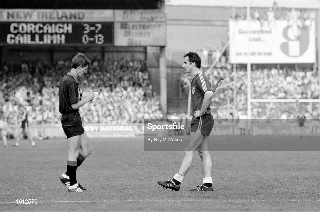 7 September 1986; Referee John Bailey talks to a Galway player during the All Ireland Hurling Championship Final match between Cork and Galway at Croke Park, in Dublin. Photo by Ray McManus/Sportsfile