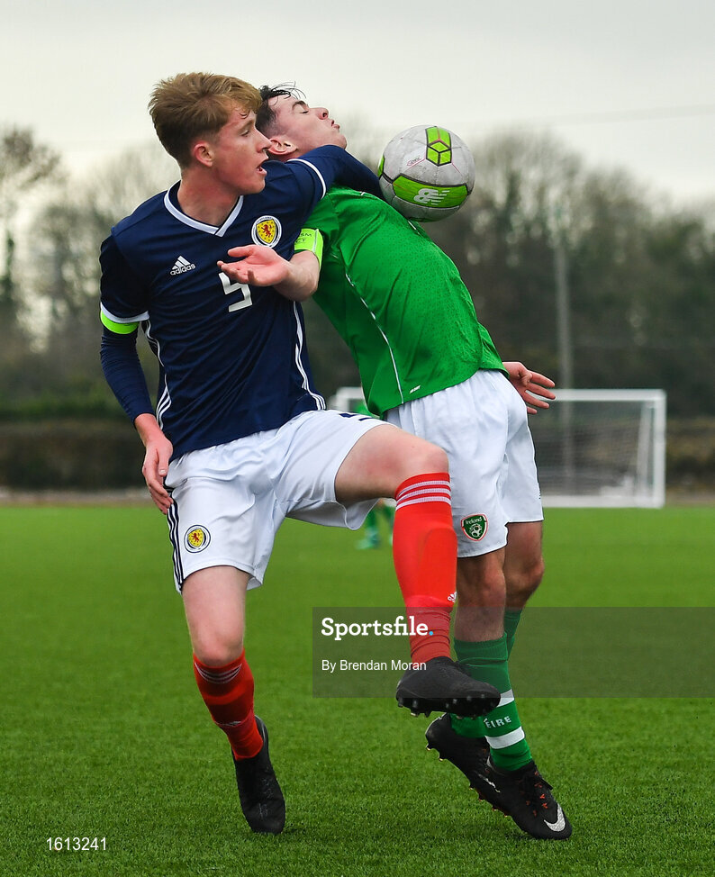 16 November 2018; Gavin O'Brien of Republic of Ireland in action against Liam Morrison of Scotland during the U16 Victory Shield match between Republic of Ireland and Scotland at Mounthawk Park in Tralee, Kerry. Photo by Brendan Moran/Sportsfile