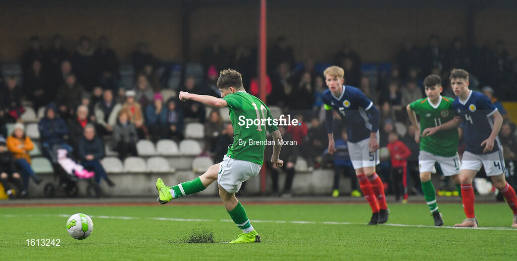 16 November 2018; Louie Barry of Republic of Ireland takes a penalty which was missed during the U16 Victory Shield match between Republic of Ireland and Scotland at Mounthawk Park in Tralee, Kerry. Photo by Brendan Moran/Sportsfile