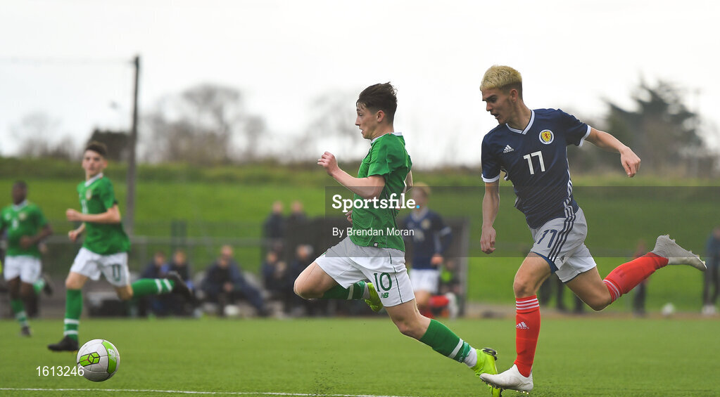 16 November 2018; Louie Barry of Republic of Ireland in action against MacKenzie Lamb of Scotland during the U16 Victory Shield match between Republic of Ireland and Scotland at Mounthawk Park in Tralee, Kerry. Photo by Brendan Moran/Sportsfile