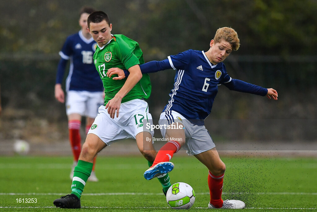 16 November 2018; Jamie Doyle of Republic of Ireland in action against Michael Craig of Scotland during the U16 Victory Shield match between Republic of Ireland and Scotland at Mounthawk Park in Tralee, Kerry. Photo by Brendan Moran/Sportsfile