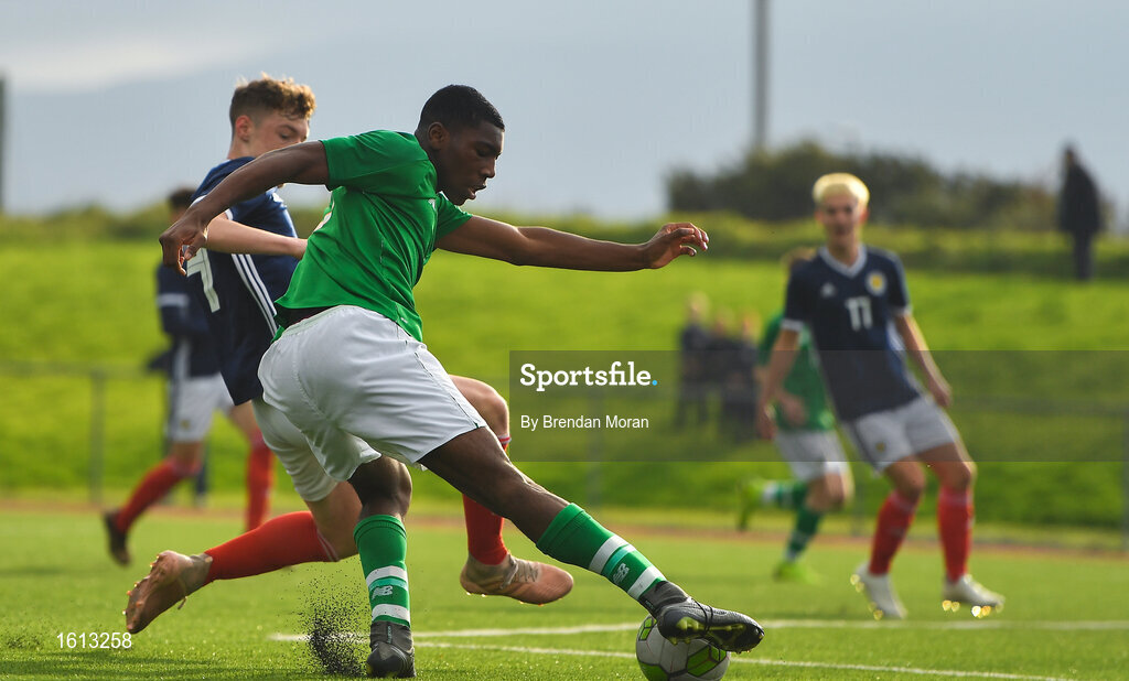 16 November 2018; Sinclair Armstrong of Republic of Ireland in action against Leon King of Scotland during the U16 Victory Shield match between Republic of Ireland and Scotland at Mounthawk Park in Tralee, Kerry. Photo by Brendan Moran/Sportsfile