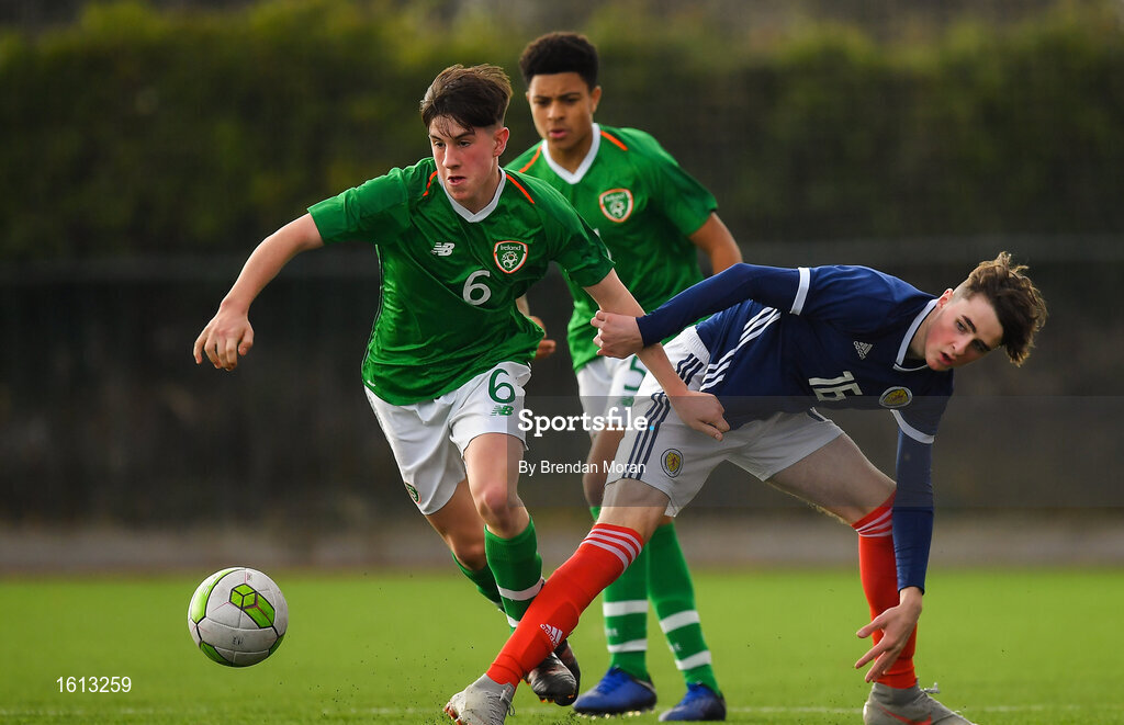 16 November 2018; Colin Conroy of Republic of Ireland in action against Kevin Hanratty of Scotland during the U16 Victory Shield match between Republic of Ireland and Scotland at Mounthawk Park in Tralee, Kerry. Photo by Brendan Moran/Sportsfile