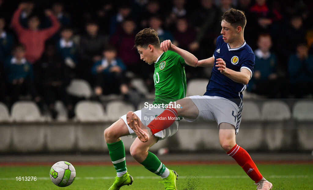 16 November 2018; Louie Barry of Republic of Ireland in action against Leon King of Scotland during the U16 Victory Shield match between Republic of Ireland and Scotland at Mounthawk Park in Tralee, Kerry. Photo by Brendan Moran/Sportsfile