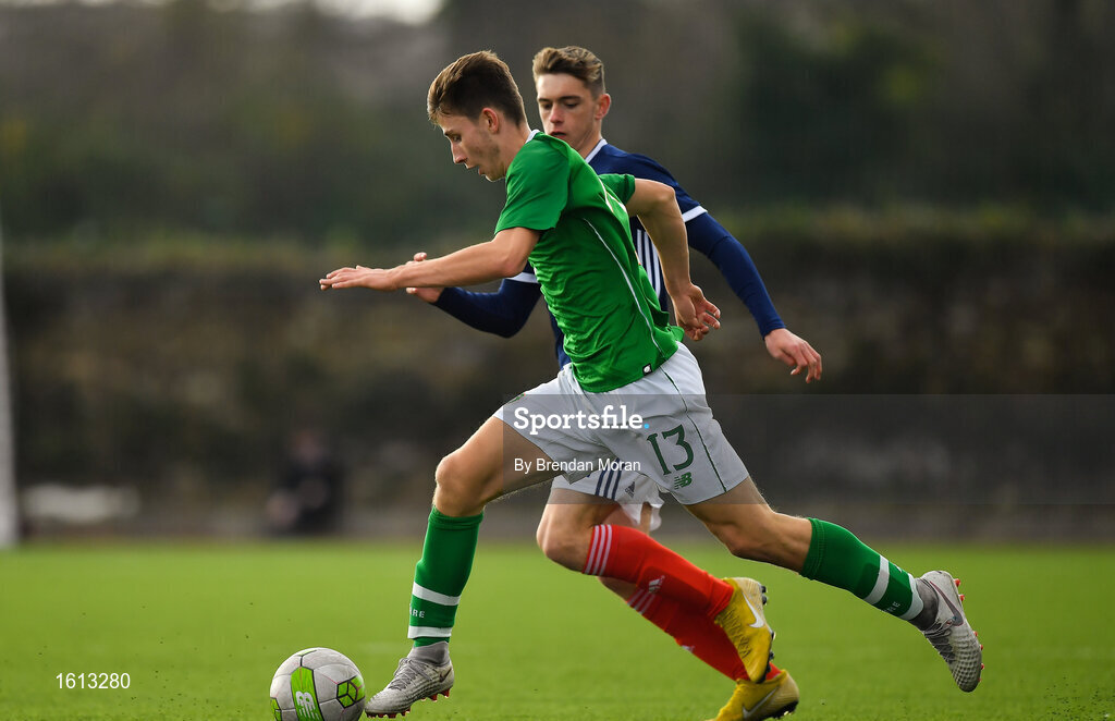 16 November 2018; Oliver O'Neill of Republic of Ireland in action against Cole McKinnon of Scotland during the U16 Victory Shield match between Republic of Ireland and Scotland at Mounthawk Park in Tralee, Kerry. Photo by Brendan Moran/Sportsfile