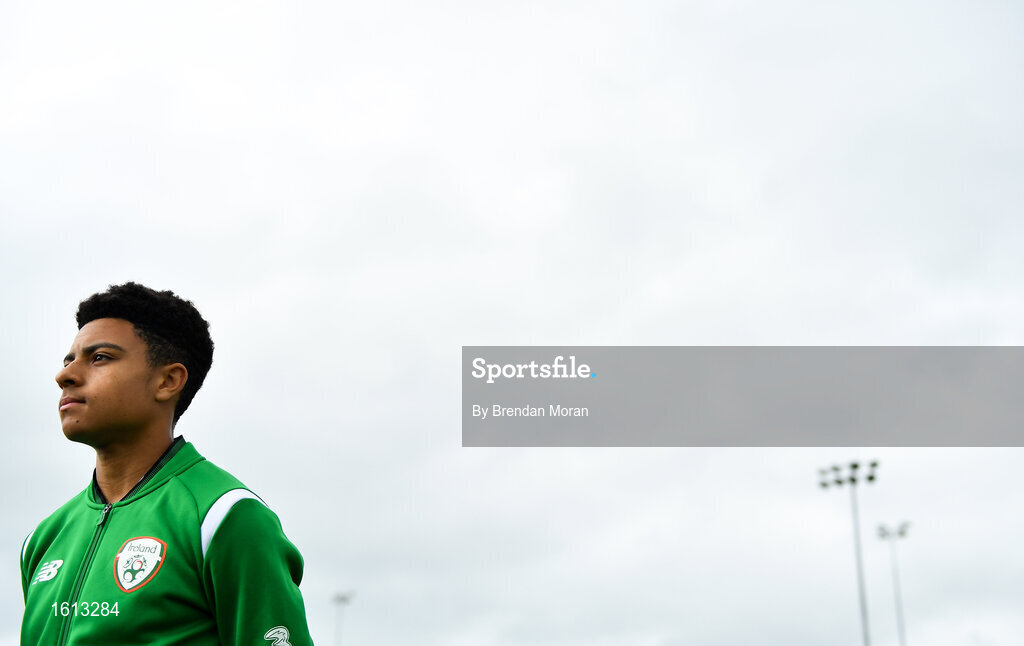 16 November 2018; CJ Egan-Reilly of Republic of Ireland prior to the U16 Victory Shield match between Republic of Ireland and Scotland at Mounthawk Park in Tralee, Kerry. Photo by Brendan Moran/Sportsfile