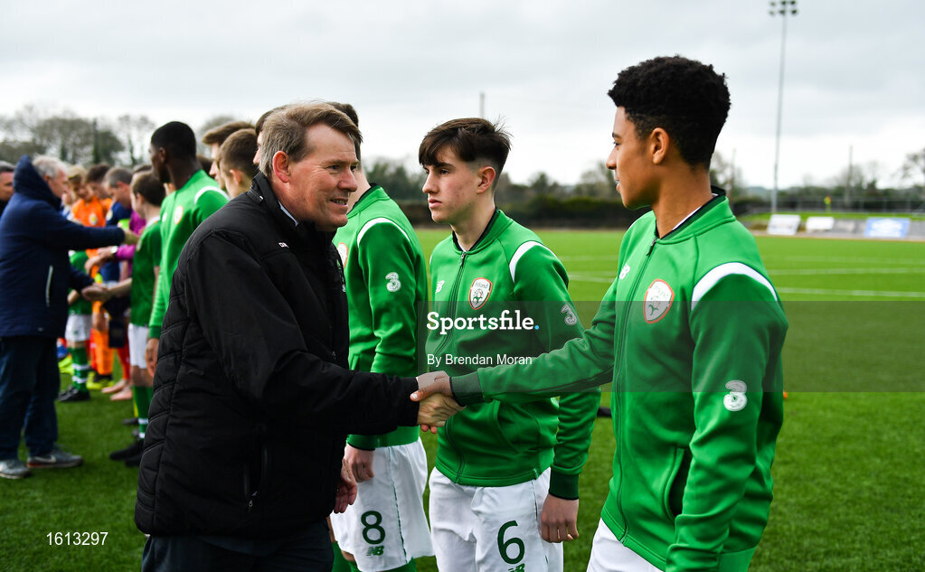 16 November 2018; Chairman of the Kerry District League Sean O'Keeffe meets CJ Egan-Reilly of Republic of Ireland prior to the U16 Victory Shield match between Republic of Ireland and Scotland at Mounthawk Park in Tralee, Kerry. Photo by Brendan Moran/Sportsfile