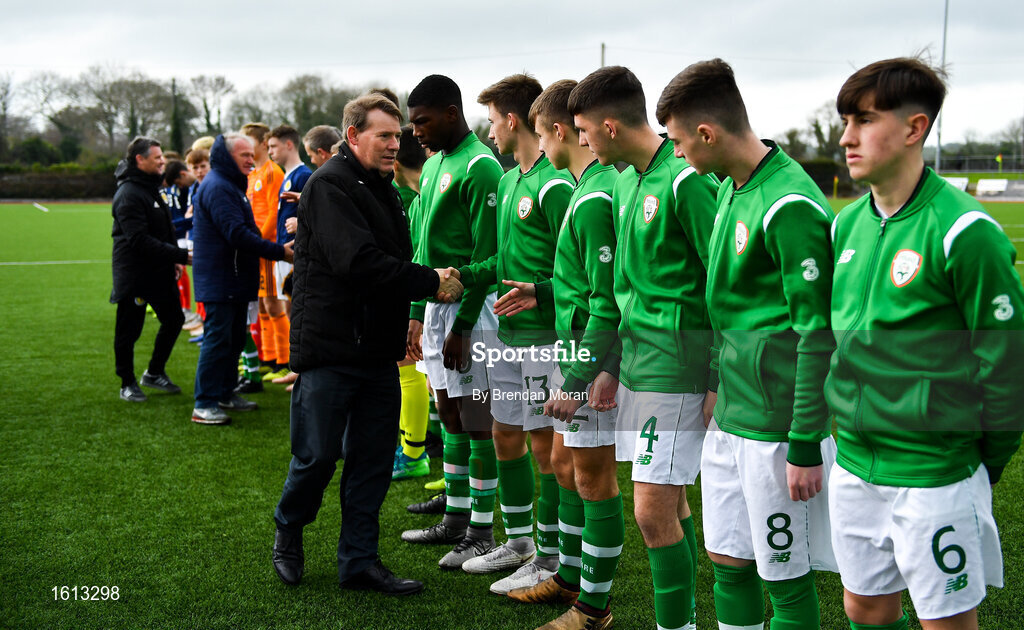 16 November 2018; Chairman of the Kerry District League Sean O'Keeffe meets the Republic of Ireland squad prior to the U16 Victory Shield match between Republic of Ireland and Scotland at Mounthawk Park in Tralee, Kerry. Photo by Brendan Moran/Sportsfile