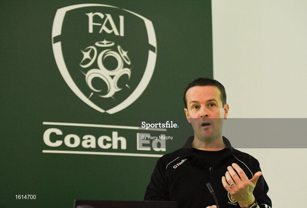 24 November 2018; Manager of UCD AFC Colin O'Neill speaks during the 2018 FAI Coach Education Conference at IT Carlow, in Carlow. Photo by Harry Murphy/Sportsfile