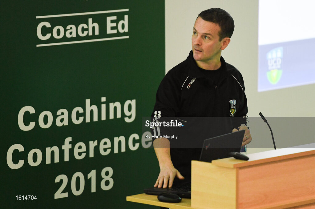 24 November 2018; Manager of UCD AFC Colin O'Neill speaks during the 2018 FAI Coach Education Conference at IT Carlow, in Carlow. Photo by Harry Murphy/Sportsfile