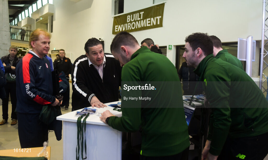 24 November 2018; Manager of Sligo Rovers, Liam Buckley, left, and Pat Dolan, register at the 2018 FAI Coach Education Conference at IT Carlow, in Carlow. Photo by Harry Murphy/Sportsfile