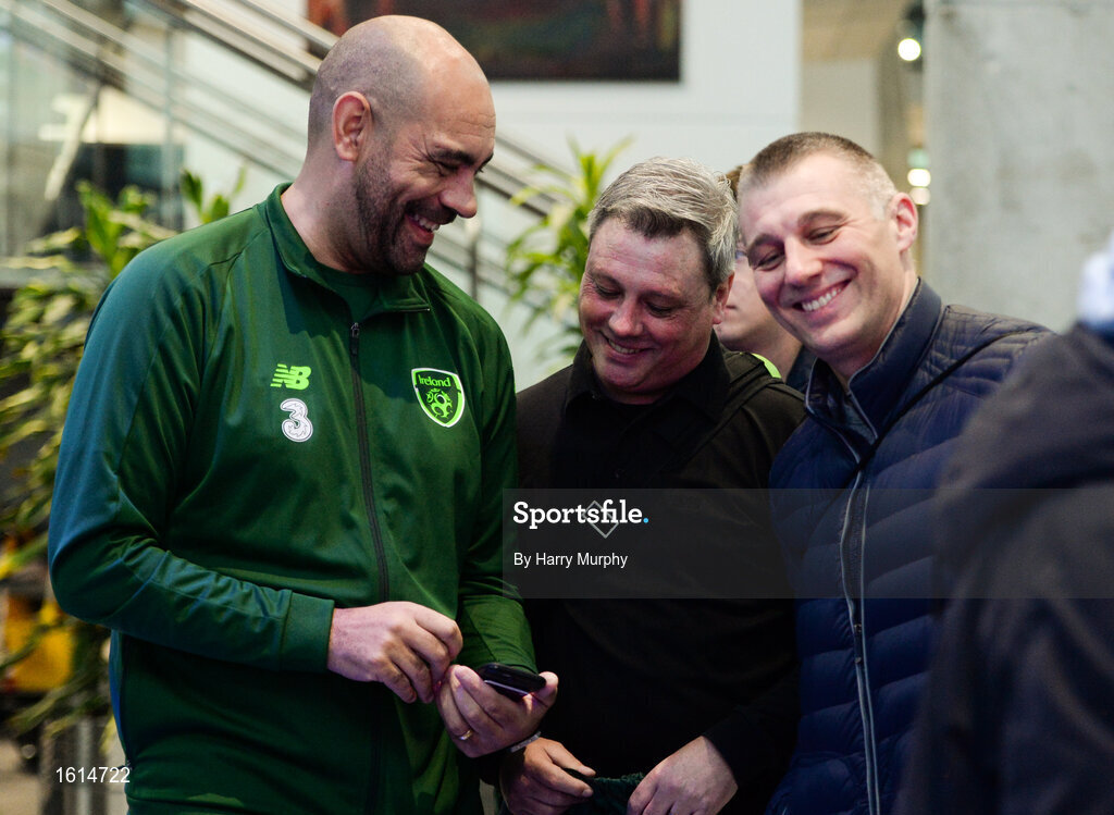 24 November 2018; Coach of Republic of Ireland U16, Paul Osam, manager of Bohemians, Keith Long, and assistant manager of Bohemians, Trevor Croly, register at the 2018 FAI Coach Education Conference at IT Carlow, in Carlow. Photo by Harry Murphy/Sportsfile