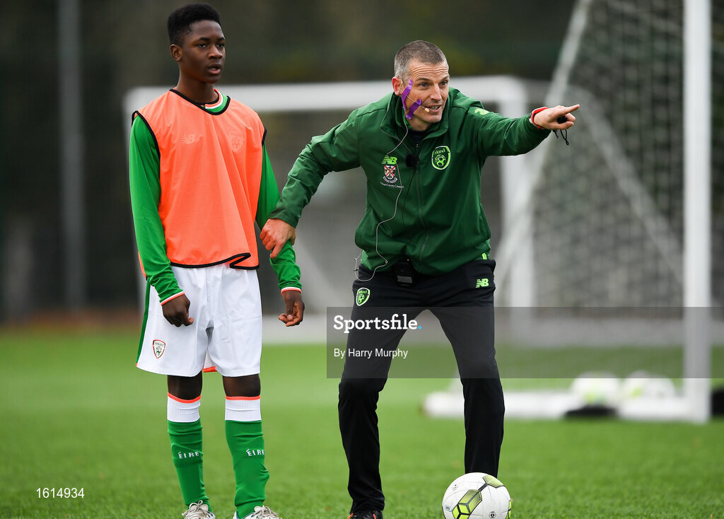 24 November 2018; Republic of Ireland U18 Manager, Jim Crawford, right, and UCD U16's player Bobo Adejumobi during the 2018 FAI Coach Education Conference at IT Carlow, in Carlow. Photo by Harry Murphy/Sportsfile