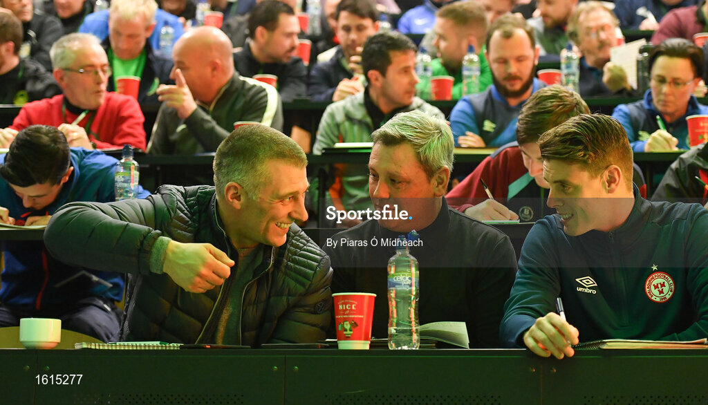 24 November 2018; Bohemians assistant manager Trevor Croly, left, with Bohemians manager Keith Long and Shelbourne manager Ian Morris, right, in conversation during the 2018 FAI Coach Education Conference at IT Carlow in Carlow. Photo by Piaras Ó Mídheach/Sportsfile