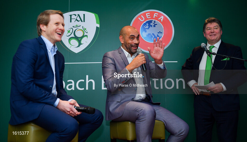 24 November 2018; Republic of Ireland U16 head coach Paul Osam, centre, alongside Republic of Ireland U17 head coach Colin O'Brien, and MC Trevor Welch during the UEFA Elite Youth A Licence Graduation 2018 at The Talbot Hotel Carlow. Photo by Piaras Ó Mídheach/Sportsfile
