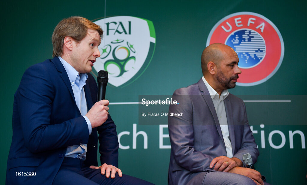 24 November 2018; Republic of Ireland U17 head coach Colin O'Brien, left, with Republic of Ireland U16 head coach Paul Osam during the UEFA Elite Youth A Licence Graduation 2018 at The Talbot Hotel Carlow. Photo by Piaras Ó Mídheach/Sportsfile