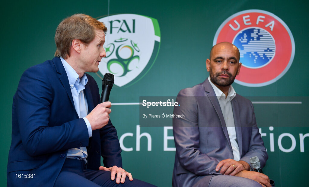 24 November 2018; Republic of Ireland U17 head coach Colin O'Brien, left, with Republic of Ireland U16 head coach Paul Osam during the UEFA Elite Youth A Licence Graduation 2018 at The Talbot Hotel Carlow. Photo by Piaras Ó Mídheach/Sportsfile