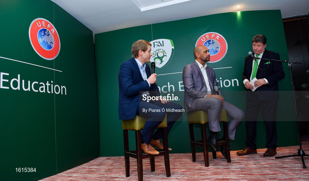 24 November 2018; Republic of Ireland U17 head coach Colin O'Brien, left, alongside Republic of Ireland U16 head coach Paul Osam and MC Trevor Welch during the UEFA Elite Youth A Licence Graduation 2018 at The Talbot Hotel Carlow. Photo by Piaras Ó Mídheach/Sportsfile