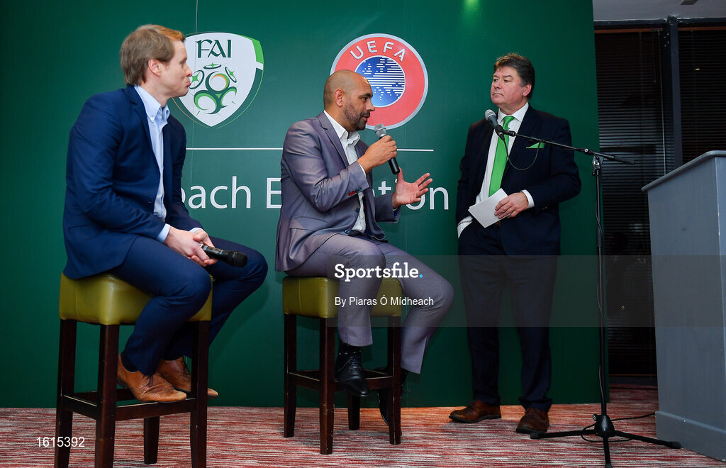 24 November 2018; Republic of Ireland U16 head coach Paul Osam, centre, alongside Republic of Ireland U17 head coach Colin O'Brien, and MC Trevor Welch during the UEFA Elite Youth A Licence Graduation 2018 at The Talbot Hotel Carlow. Photo by Piaras Ó Mídheach/Sportsfile