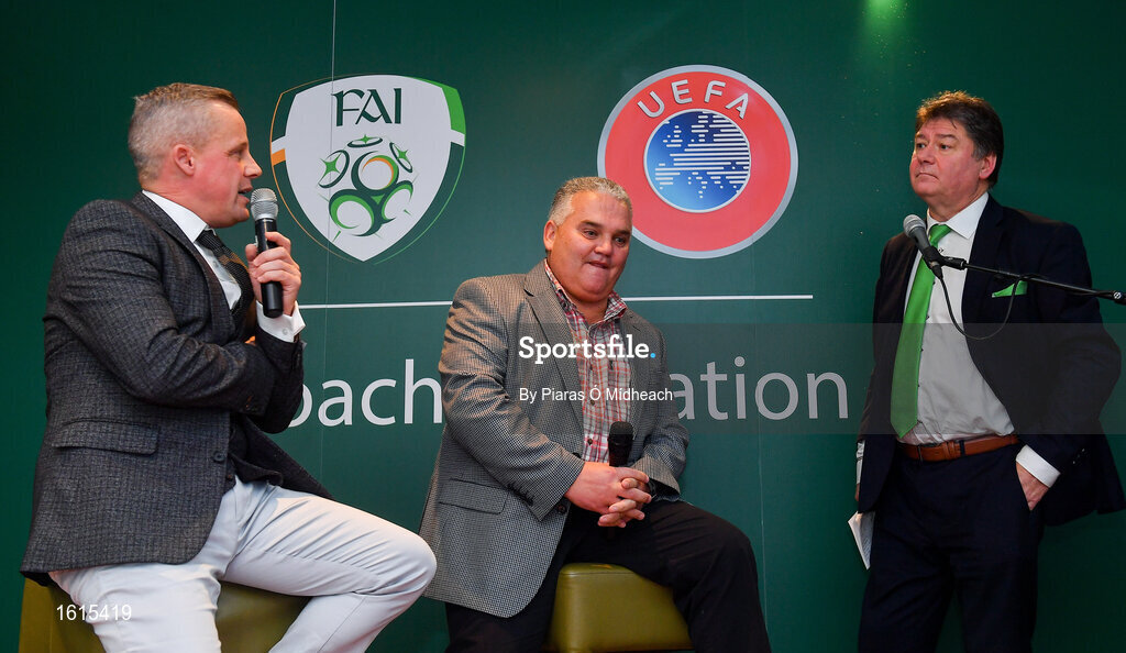 24 November 2018; Republic of Ireland U15 head coach Jason Donohue, left, alongside Niall Harrison, Emerging Talent Programme National Coordinator at Football Association of Ireland, and MC Trevor Welsh during the UEFA Elite Youth A Licence Graduation 2018 at The Talbot Hotel Carlow. Photo by Piaras Ó Mídheach/Sportsfile