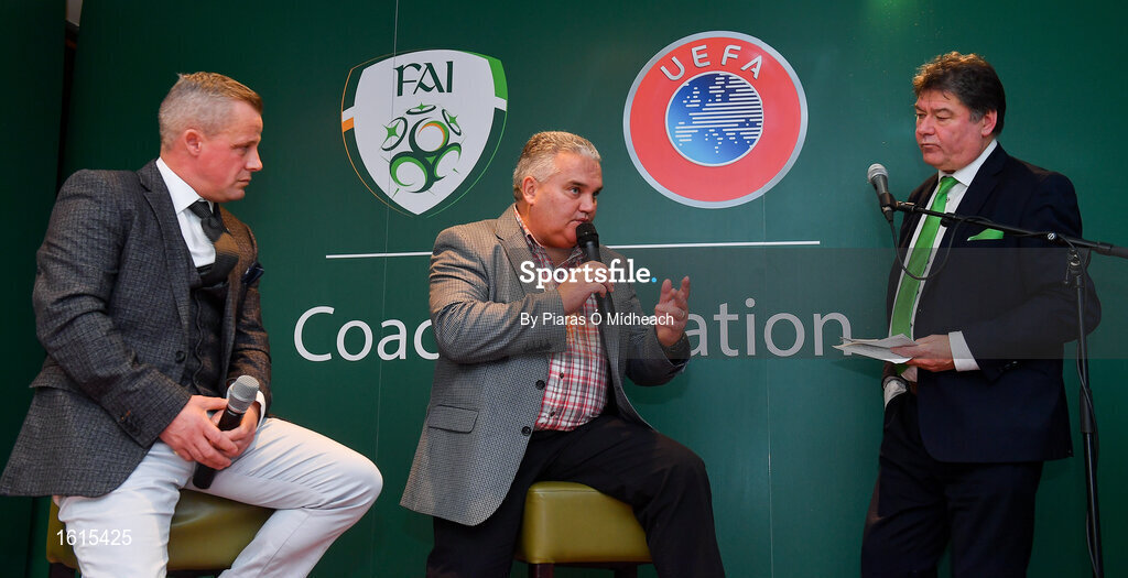 24 November 2018; Niall Harrison, Emerging Talent Programme National Coordinator at Football Association of Ireland, centre, alongside Republic of Ireland U15 head coach Jason Donohue and MC Trevor Welsh during the UEFA Elite Youth A Licence Graduation 2018 at The Talbot Hotel Carlow. Photo by Piaras Ó Mídheach/Sportsfile