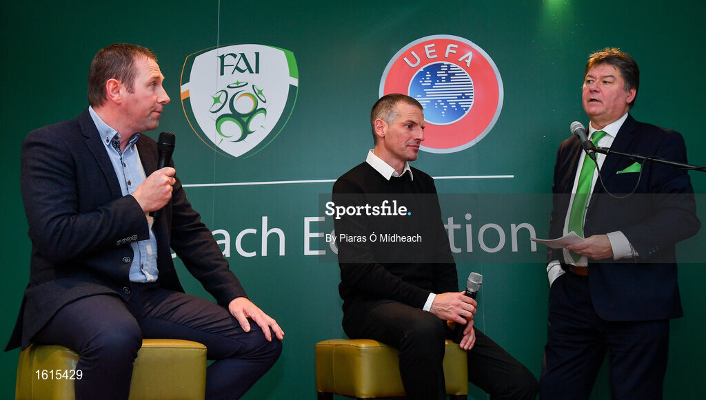 24 November 2018; Republic of Ireland U19 head coach Tom Mohan, left, alongside Republic of Ireland U18 head coach Jim Crawford and MC Trevor Welsh during the UEFA Elite Youth A Licence Graduation 2018 at The Talbot Hotel Carlow. Photo by Piaras Ó Mídheach/Sportsfile