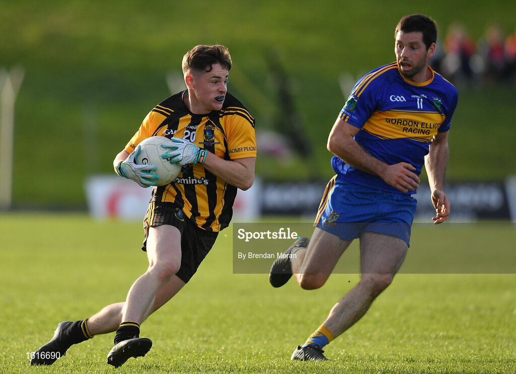 14 October 2018; Cathal Lacey of St Peter's Dunboyne in action against David Larkin of Summerhill during the Meath County Senior Club Football Championship Final match between St Peter's Dunboyne and Summerhill at Páirc Tailteann in Navan, Meath. Photo by Brendan Moran/Sportsfile